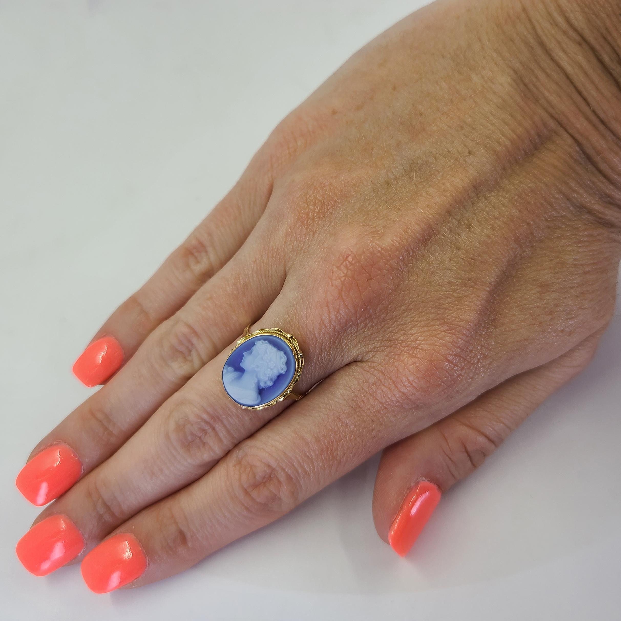 18 Karat Yellow Gold Carved Blue Agate Cameo Ring. Finger Size 6.5; Purchase Includes One Sizing Service Prior to Shipment. Finished Weight Is 2.5 Grams.