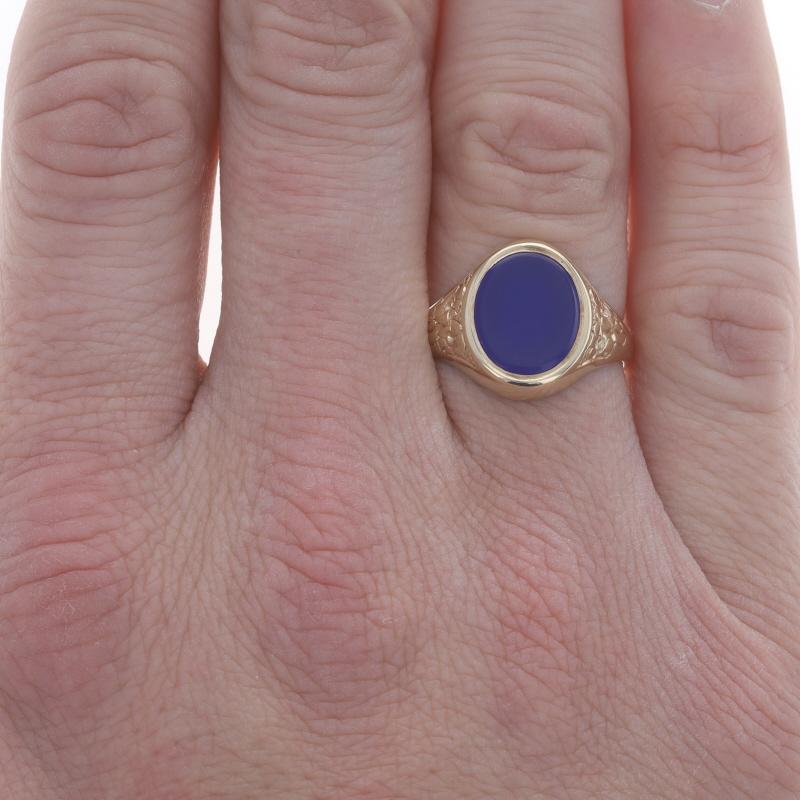 Oval Cut Yellow Gold Blue Chalcedony Men's Ring - 9k Solitaire