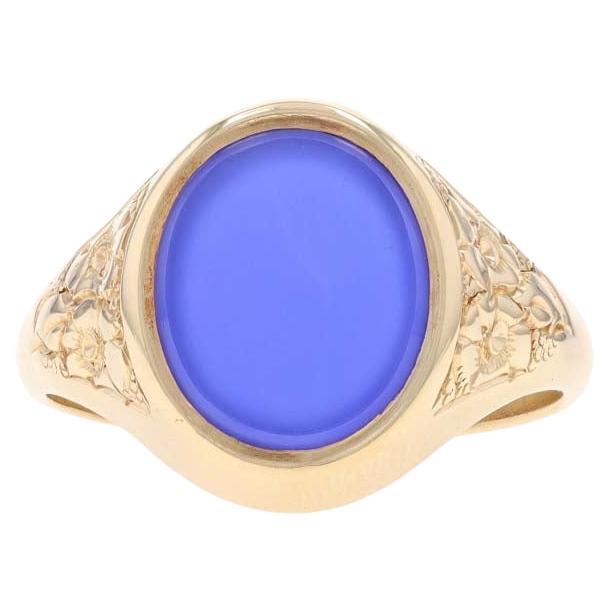 Yellow Gold Blue Chalcedony Men's Ring - 9k Solitaire