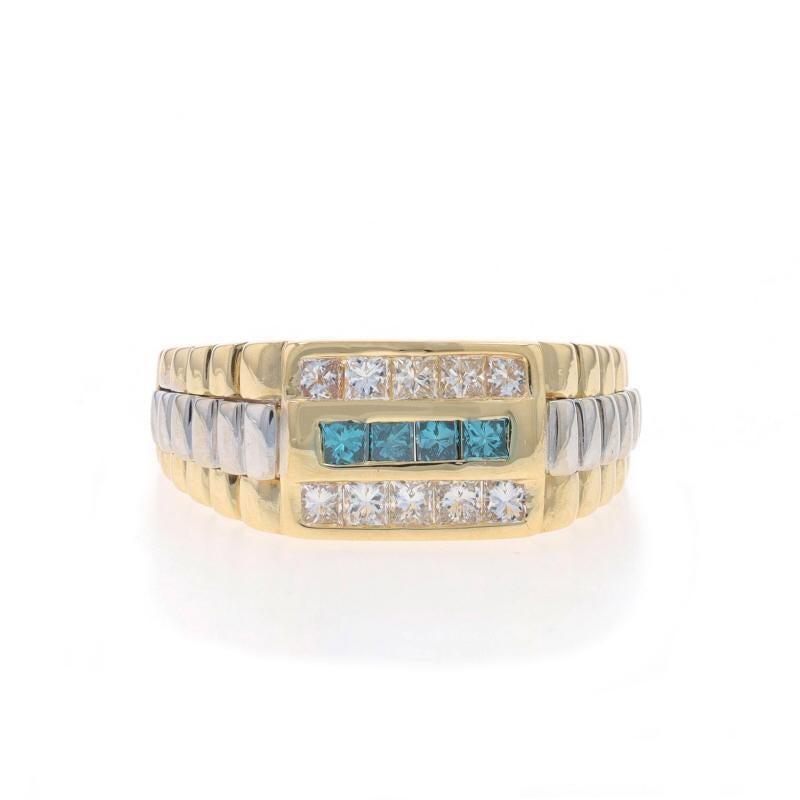 Size: 10 1/4
Sizing Fee: Up 1/2 a size for $40 or Down 1 size for $40

Metal Content: 14k Yellow Gold & 14k White Gold

Stone Information

Natural Diamonds
Treatment: Color Enhanced (blue)
Carat(s): 1.00ctw
Cut: Princess
Color: Blue & H - I
Clarity:
