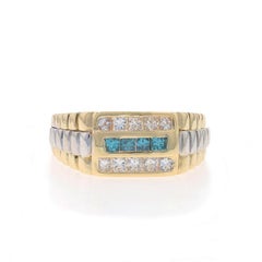 Yellow Gold Blue Diamond Men's Ring - 14k Princess 1.00ctw Cluster Treated