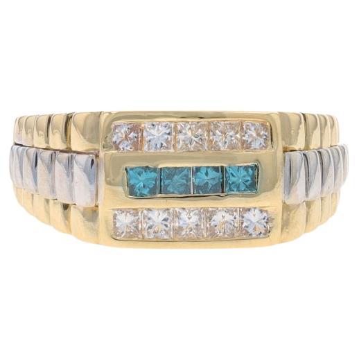 Yellow Gold Blue Diamond Men's Ring - 14k Princess 1.00ctw Cluster Treated For Sale