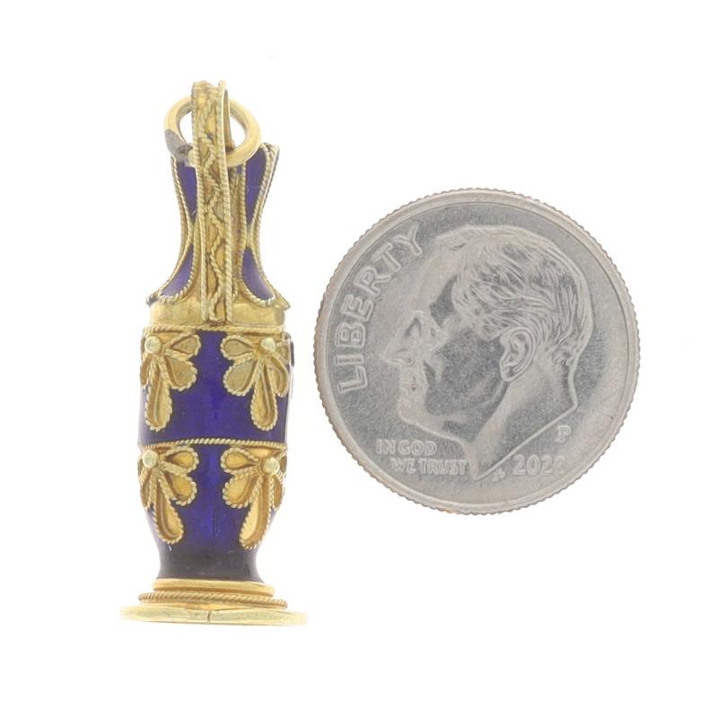 Yellow Gold Blue Enamel Cylindrical Vessel Pendant - 18k Lekythos Vase Charm In Excellent Condition For Sale In Greensboro, NC