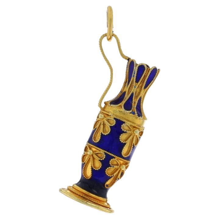 Yellow Gold Blue Enamel Cylindrical Vessel Pendant - 18k Lekythos Vase Charm For Sale