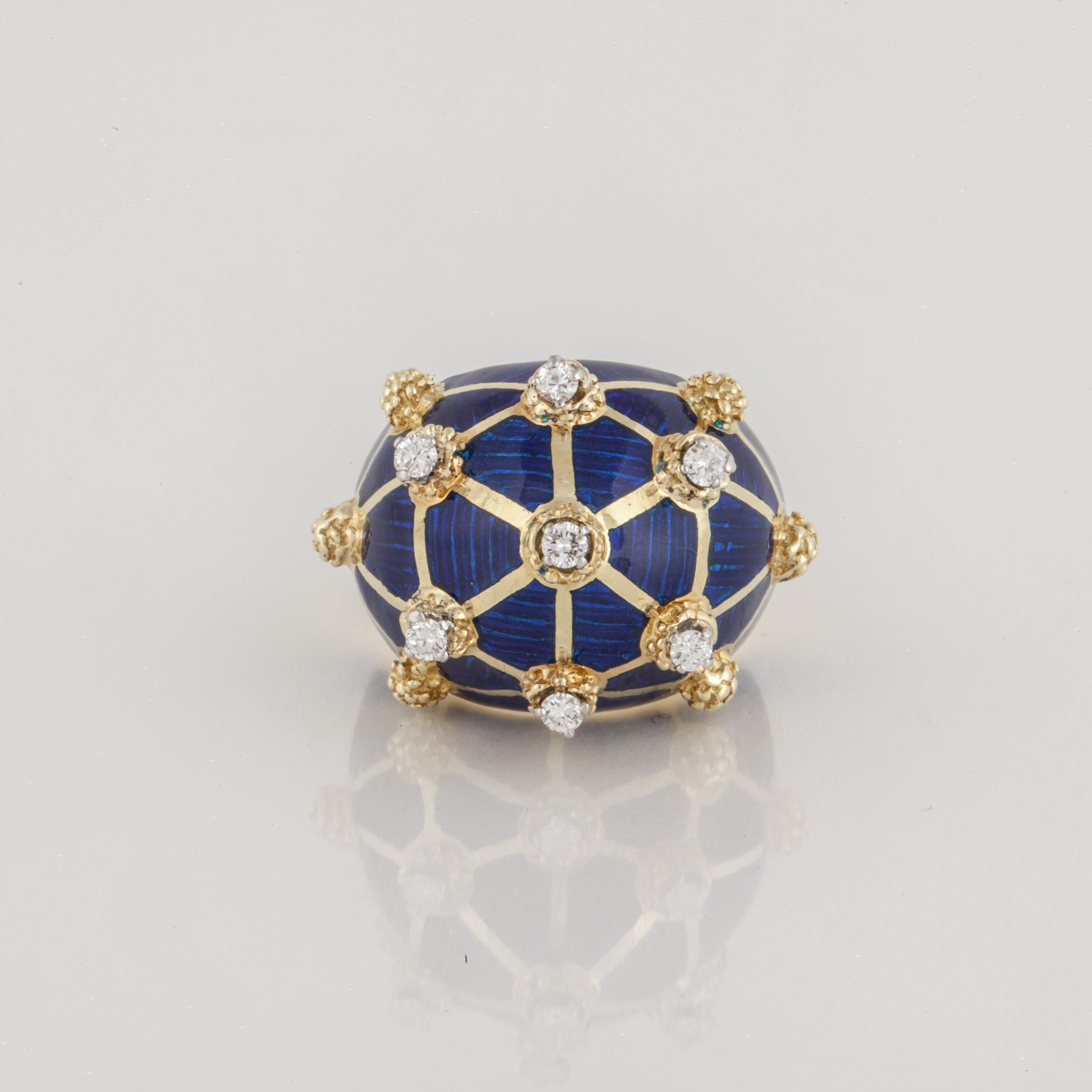 18K yellow gold dome ring with blue enameling and set with diamonds.  There are seven round diamonds totaling 0.45 carats; H-I color and SI clarity.  Presentation area is 1 inch by 3/4 inches and stands 5/8 inches off the finger.  Size 5 1/2.