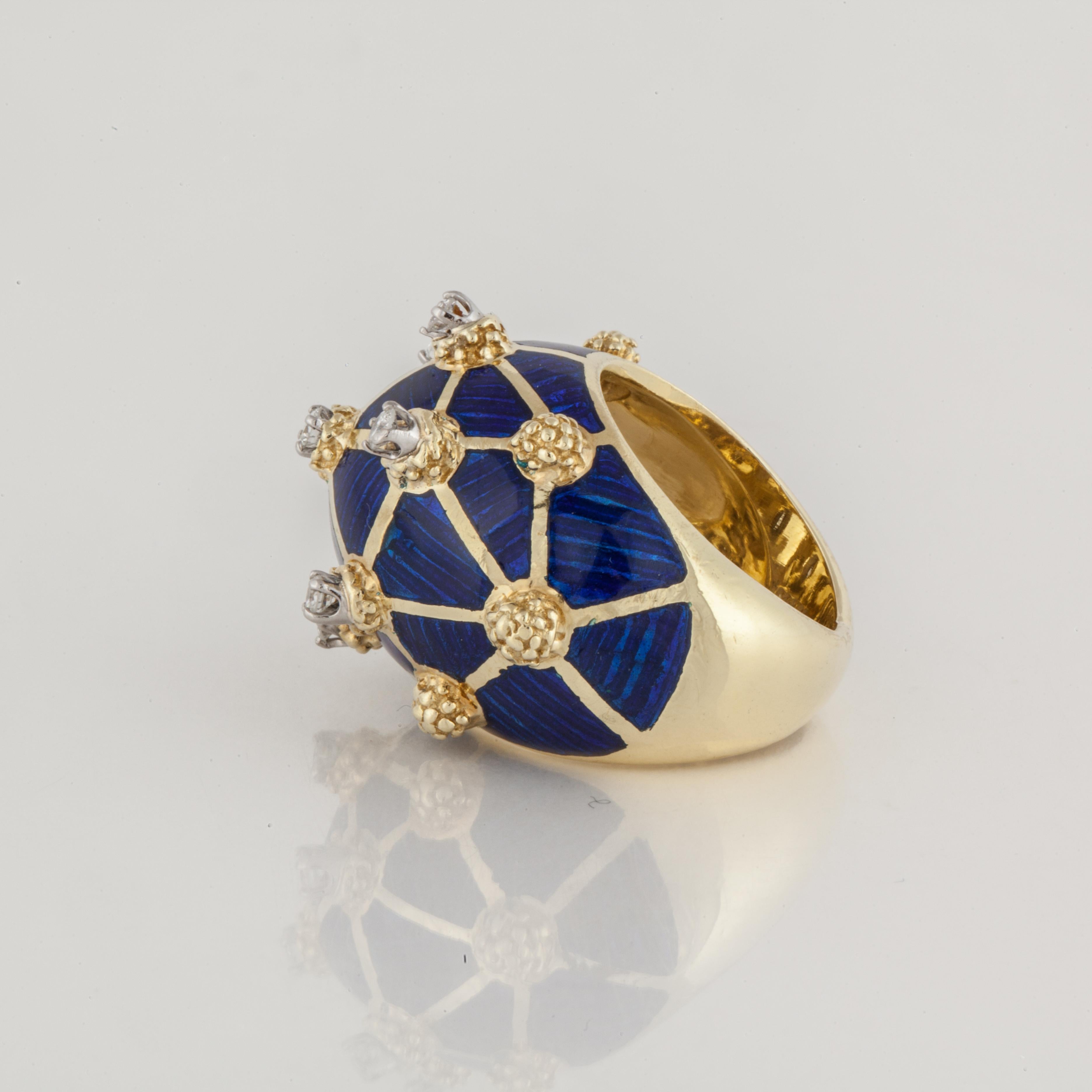 Round Cut Blue Enamel and Diamond Dome Ring in 18K Gold
