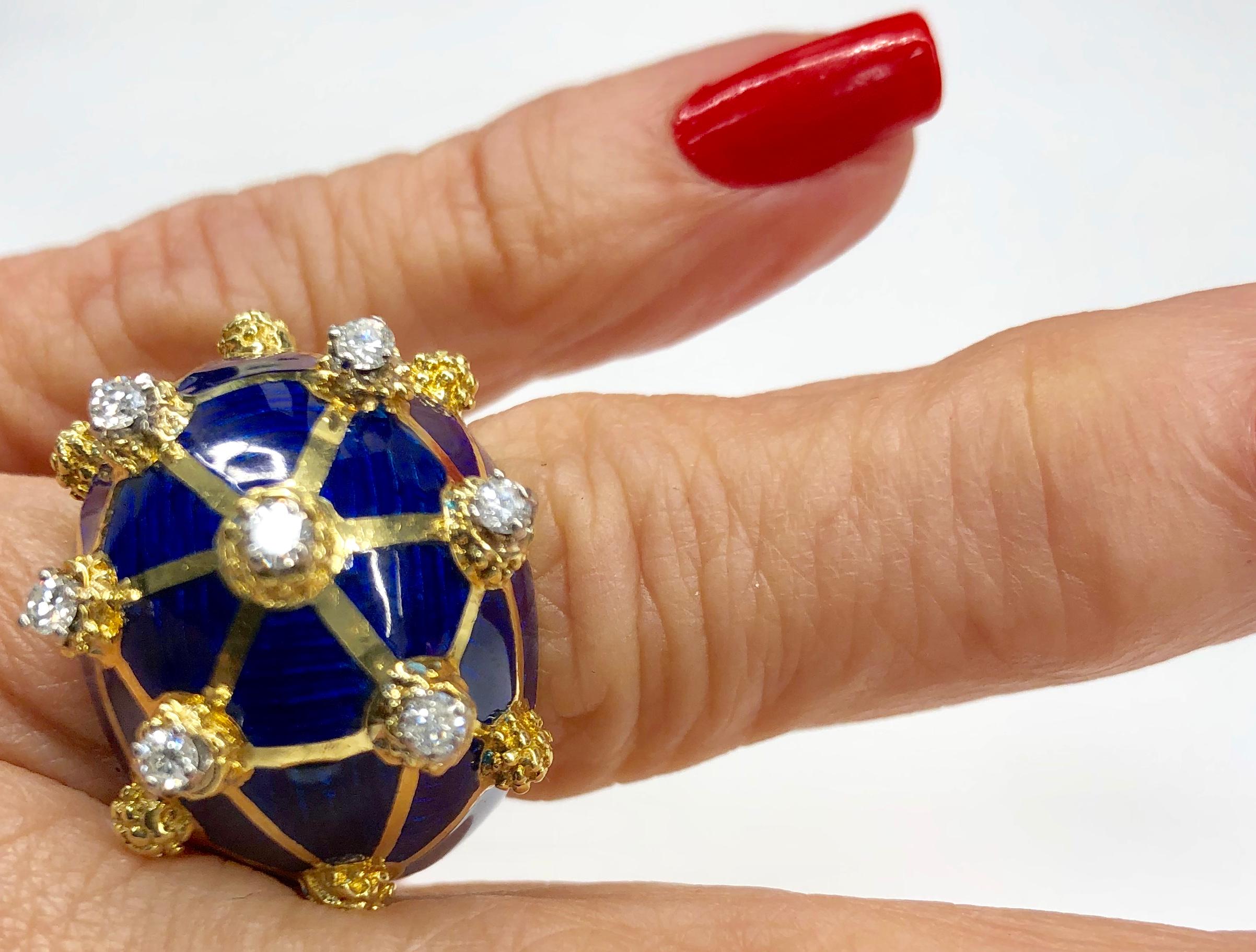 Blue Enamel and Diamond Dome Ring in 18K Gold 1