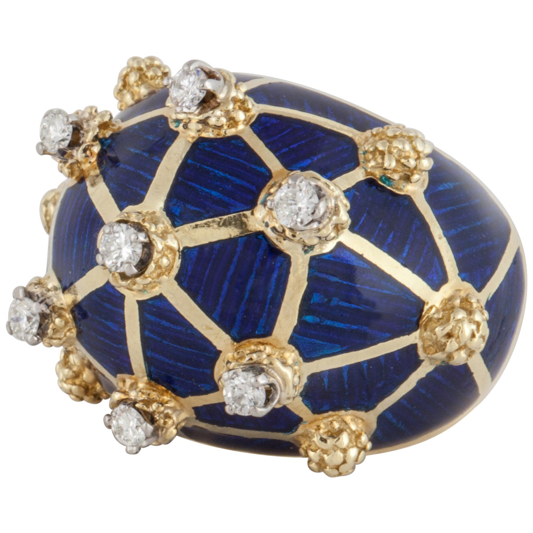 Blue Enamel and Diamond Dome Ring in 18K Gold