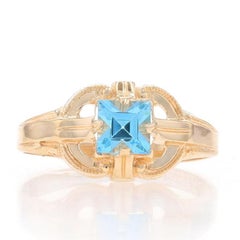 Yellow Gold Blue Glass Art Deco Solitaire Ring - 10k Square Cut Milgrain