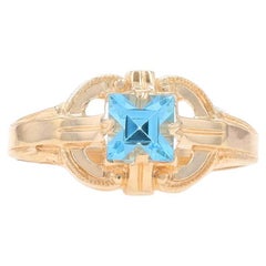 Art Deco Solitär-Ring aus Gelbgold und blauem Glas - 10k Square Cut Milgrain