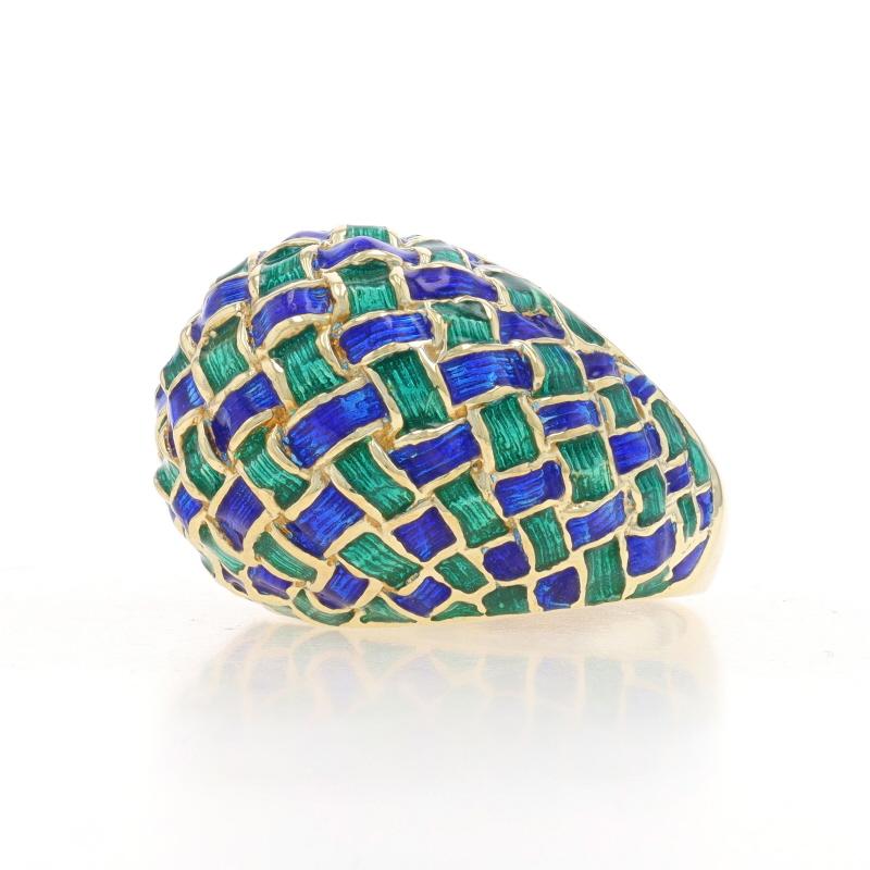 Yellow Gold Blue & Green Enamel Basketweave Dome Ring - 14k Statement In Excellent Condition For Sale In Greensboro, NC