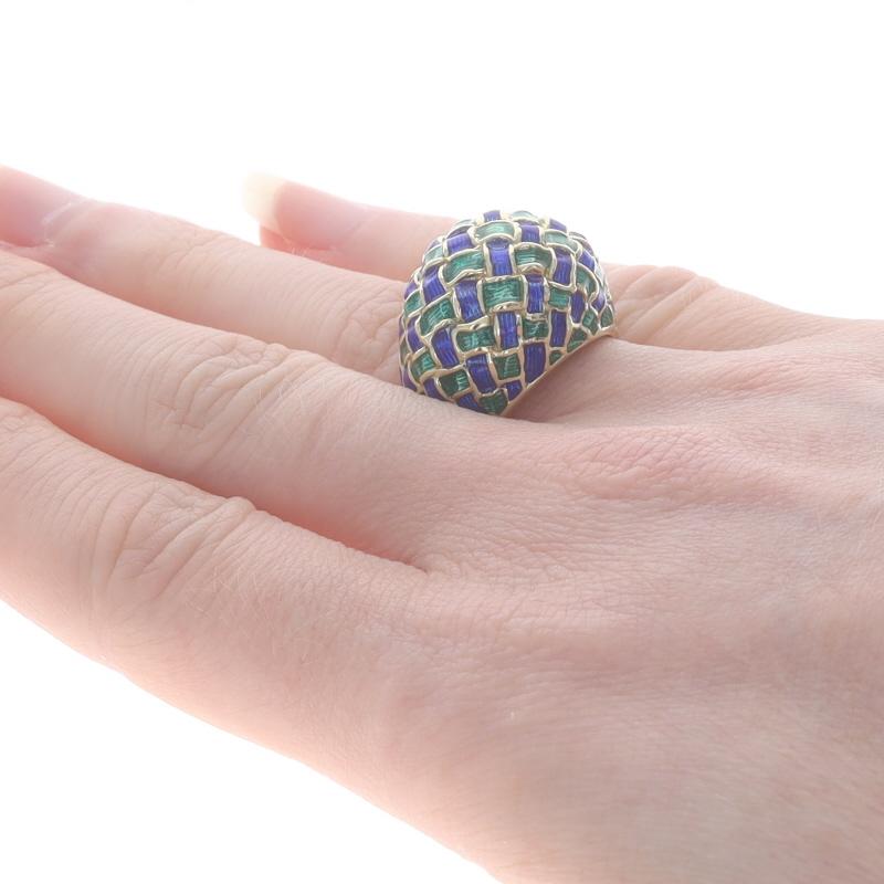 Women's Yellow Gold Blue & Green Enamel Basketweave Dome Ring - 14k Statement For Sale
