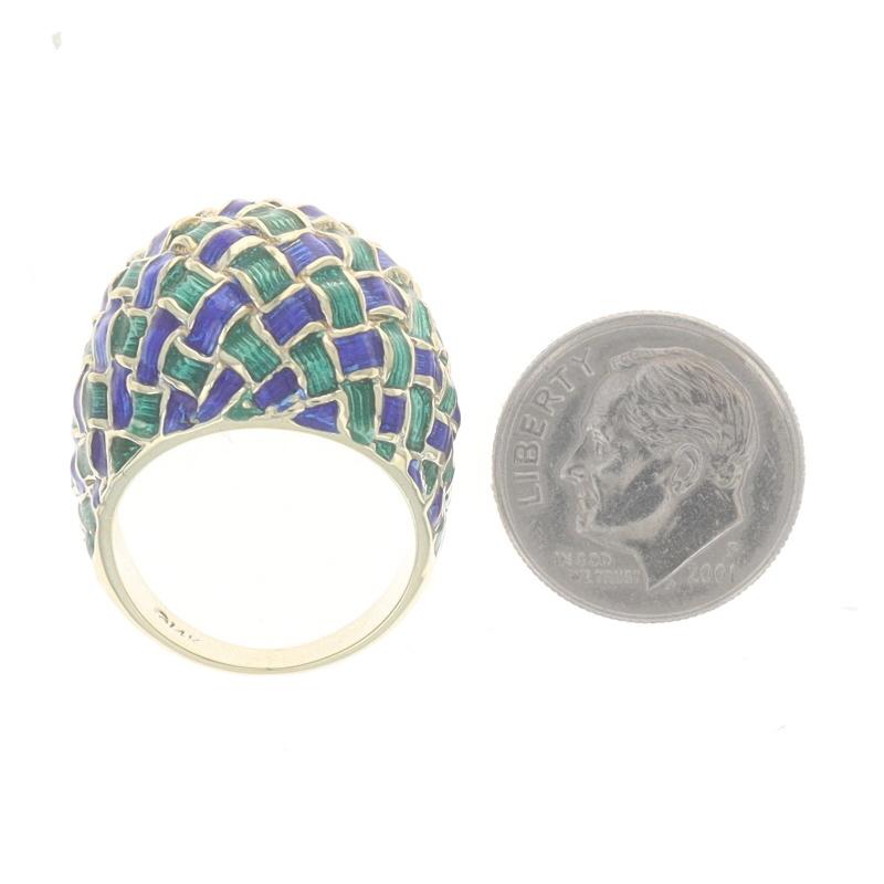 Yellow Gold Blue & Green Enamel Basketweave Dome Ring - 14k Statement For Sale 1