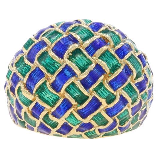 Yellow Gold Blue & Green Enamel Basketweave Dome Ring - 14k Statement