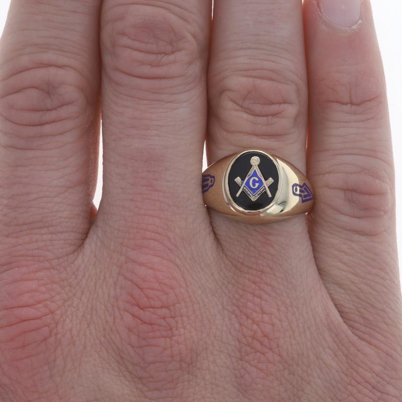 Size: 11

Note: Contact us for a quote on resizing this ring. Please note, the enamel work may crack in the resizing process.

Organization: Blue Lodge

Metal Content: 10k Yellow Gold

Stone Information

Natural Onyx
Color: Black

Material