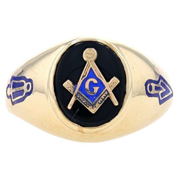 Yellow Gold Blue Lodge Blue Enamel Men's Master Mason Ring - 10k Onyx Masonic