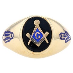 Used Yellow Gold Blue Lodge Blue Enamel Men's Master Mason Ring - 10k Onyx Masonic