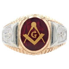 Retro Yellow Gold Blue Lodge Master Mason Men's Ring, 10k Masonic Trowel & Plumbline