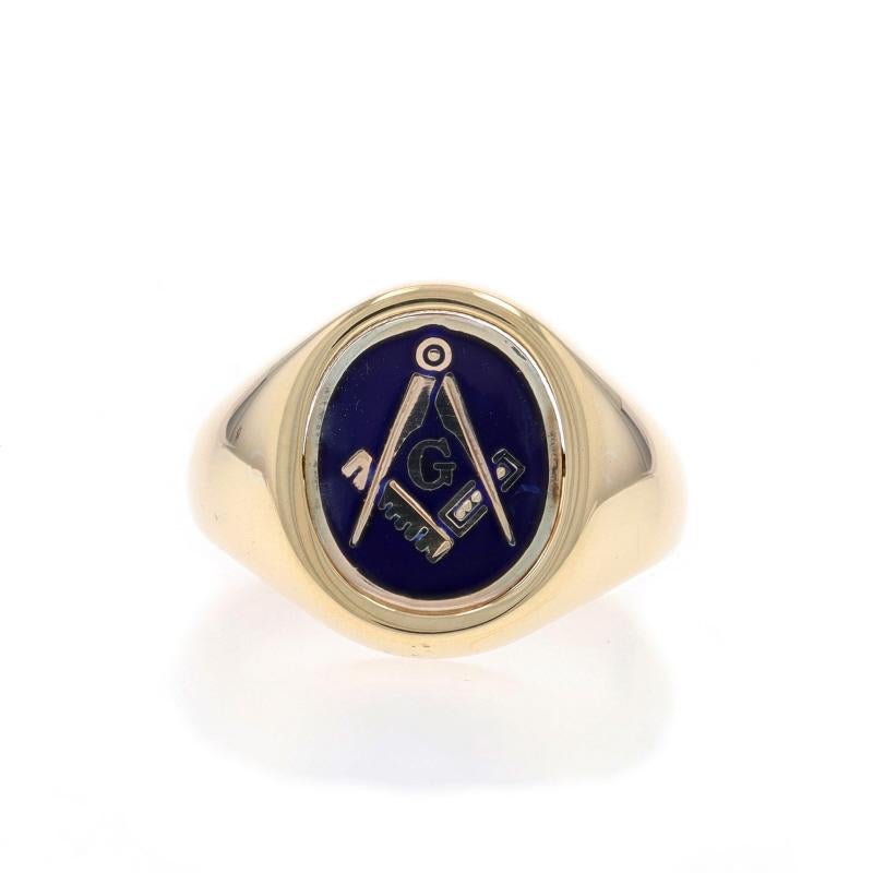 Size: 8
Sizing Fee: Up 2 sizes for $60 or Down 1 size for $40

Organization: Blue Lodge

Metal Content: 9k Yellow Gold & 9k White Gold

Material Information
Enamel
Color: Blue

Style: Reversible Signet
Features: The ring's face flips to reveal an