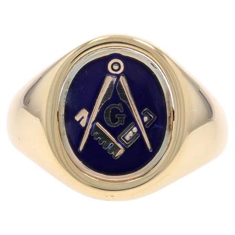 Yellow Gold Blue Lodge Men's Master Mason Flip Ring - 9k Masonic Engrave Signet For Sale