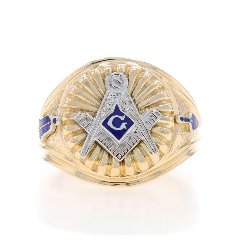 Size: 10

Organization: Blue Lodge

Metal Content: 10k Yellow Gold & 10k White Gold

Material Information

Material: Enamel
Color: Blue

Features: Smooth & Textured Finishes with Trowel & Plumbline Accents

Measurements

Face Height (north to