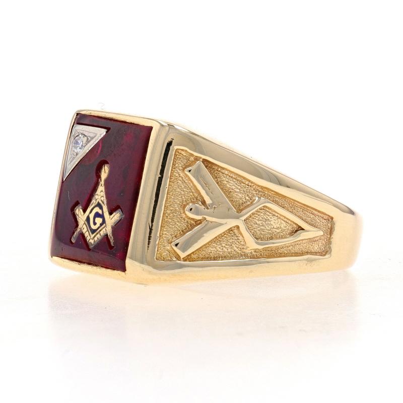 Single Cut Yellow Gold Blue Lodge Men's Master Mason Ring 10k Lab-Created Ruby Diamond For Sale