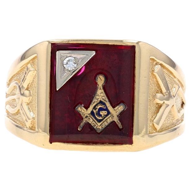 Yellow Gold Blue Lodge Men's Master Mason Ring 10k Lab-Created Ruby Diamond For Sale