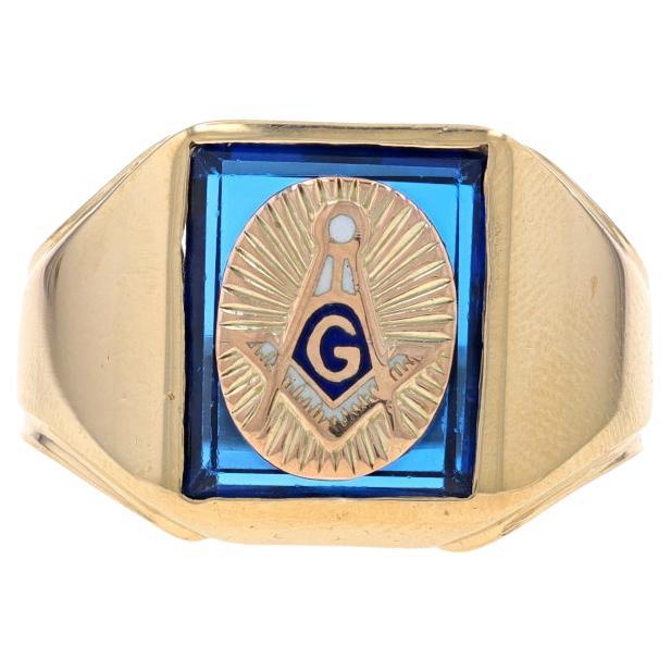 Yellow Gold Blue Lodge Men's Master Mason Ring -10k Lab-Created Sapphire Masonic For Sale