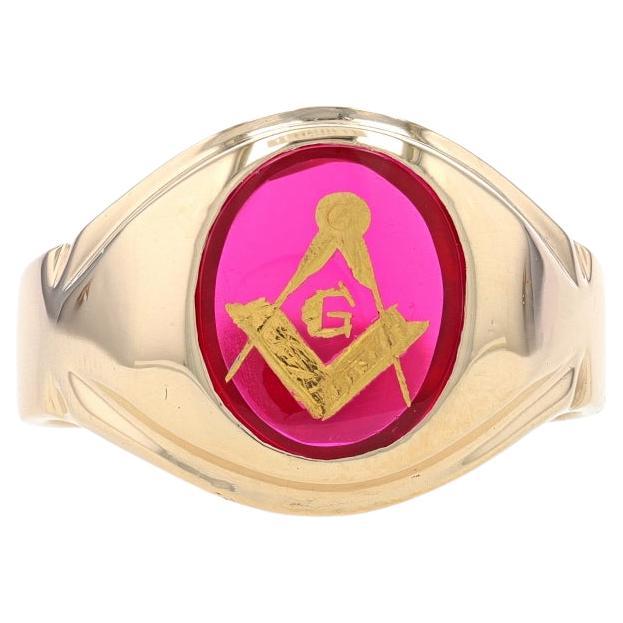 Yellow Gold Blue Lodge Men's Master Mason Ring - 10k Lab-Created Spinel Masonic For Sale