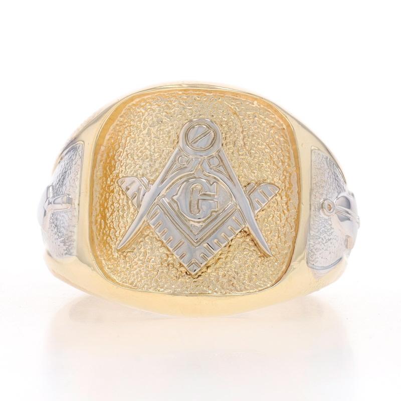 Size: 9 1/4
Sizing Fee: Up 3 sizes for $40 or Down 1 1/2 sizes for $30

Organization: Blue Lodge

Metal Content: 10k Yellow Gold & 10k White Gold

Features: Smoothly Finished with Textured Detailing

Measurements

Face Height (north to south):