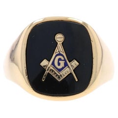 Vintage Yellow Gold Blue Lodge Men's Master Mason Ring - 14k Onyx & Enamel Masonic