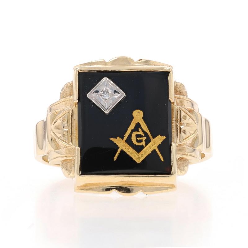 Size: 12
Sizing Fee: Up 1 size for $35 or Down 1 size for $35

Organization: Blue Lodge
Era: Vintage

Metal Content: 10k Yellow Gold & 10k White Gold

Stone Information

Natural Onyx
Color: Black

Natural Diamond
Cut: Single
Stone Note: (one small