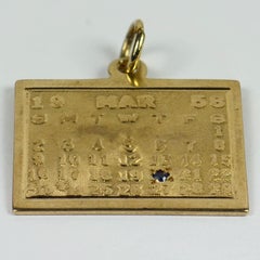 Yellow Gold Blue Sapphire 20th March 1958 Calendar Date Charm Pendant