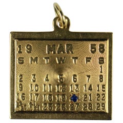 Yellow Gold Blue Sapphire 20th March 1958 Calendar Date Charm Pendant