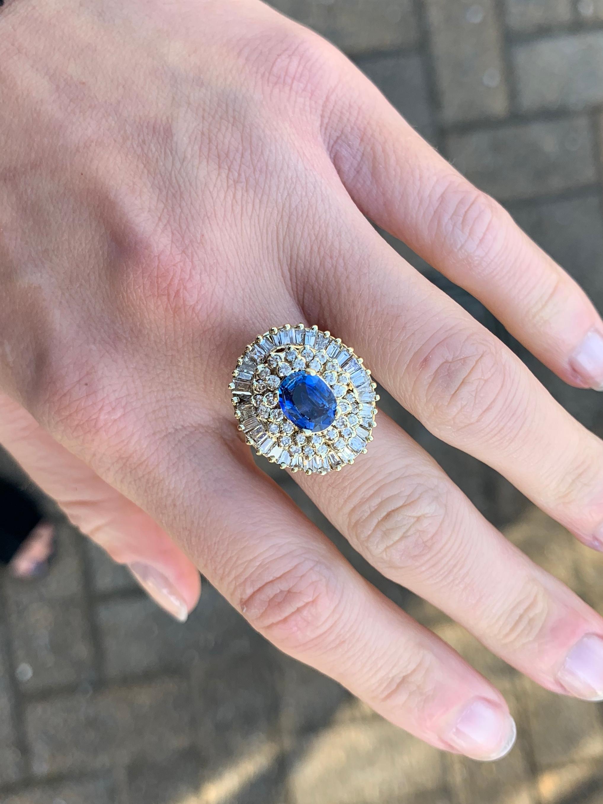 Yellow Gold Blue Sapphire and Diamond Cocktail Ring For Sale 3
