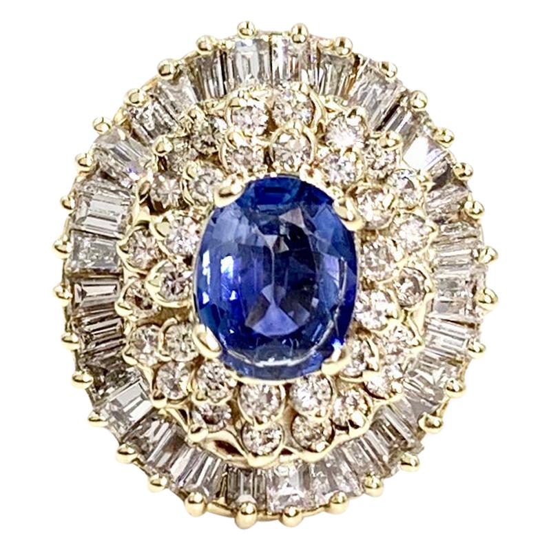Yellow Gold Blue Sapphire and Diamond Cocktail Ring For Sale