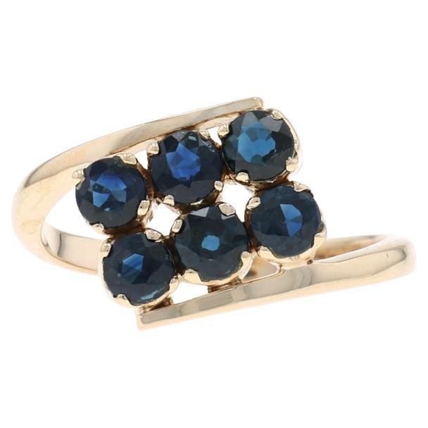 Yellow Gold Blue Sapphire Cluster Cocktail Bypass Ring - 14k Round 1.32ctw For Sale