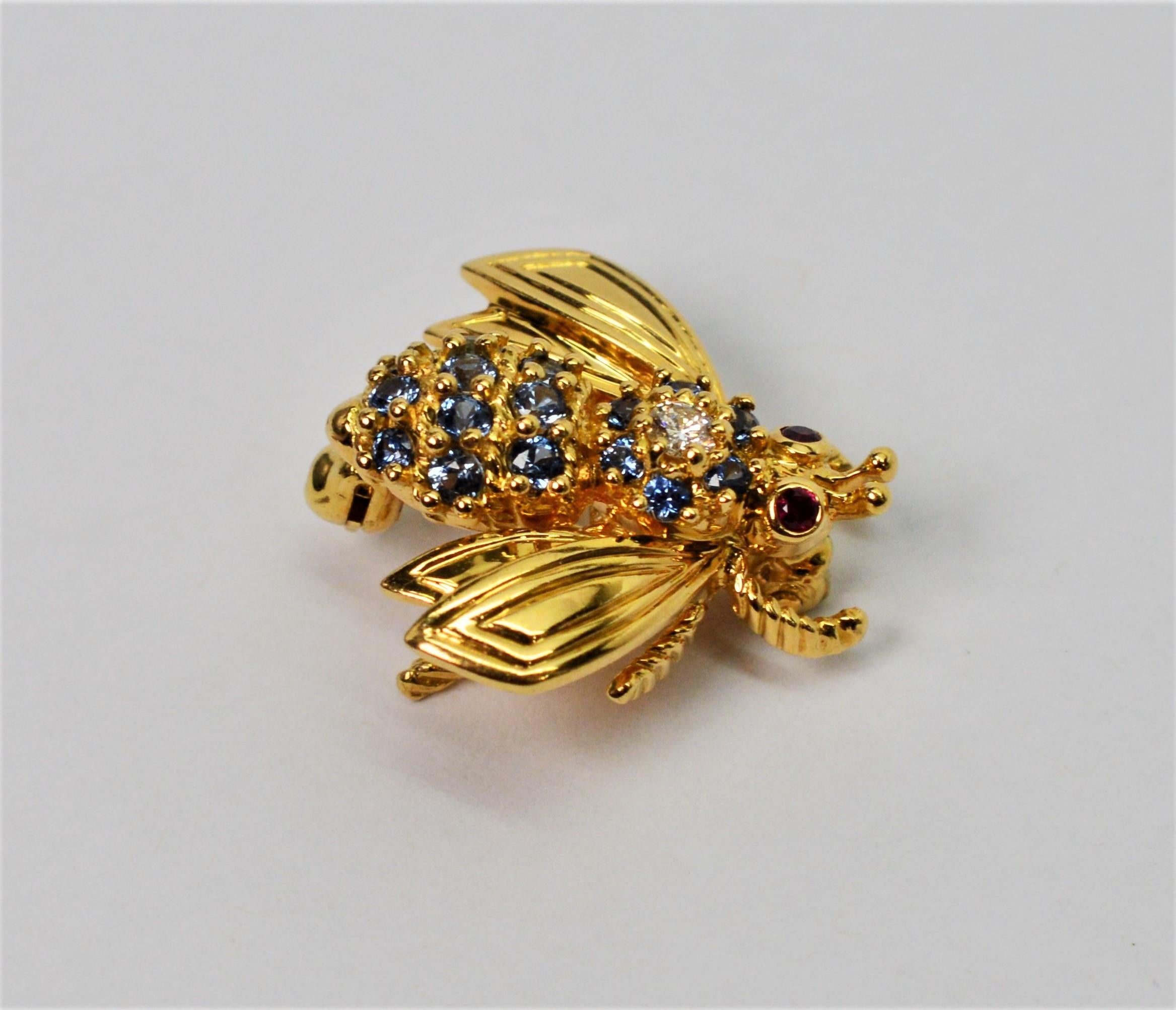 Yellow Gold Blue Sapphire Diamond Tiffany & Co. Bee Pin Brooch In New Condition In Mount Kisco, NY