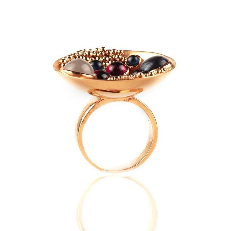 Contemporary Yellow Gold Blue Sapphire, Moonstone, Rubelite, Peridot, Iolite Basket Ring For Sale