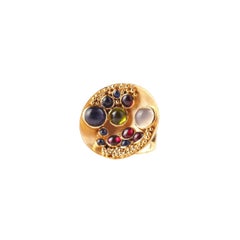 Yellow Gold Blue Sapphire, Moonstone, Rubelite, Peridot, Iolite Basket Ring