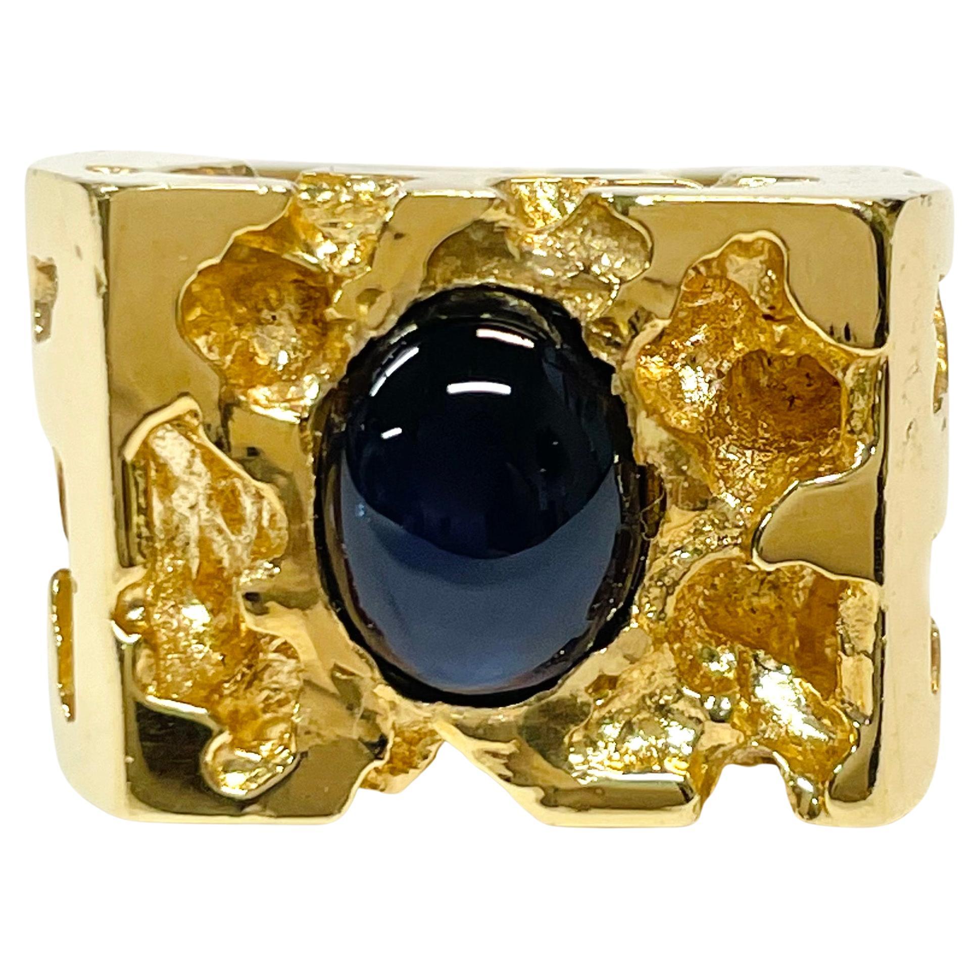 Bague pépite de saphir bleu en or jaune