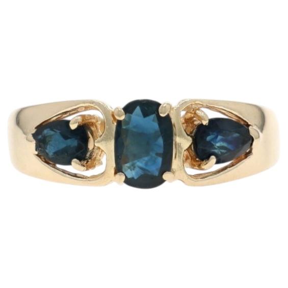 Yellow Gold Blue Sapphire Sapphire Three-Stone Ring - 14k Oval .96ctw For Sale