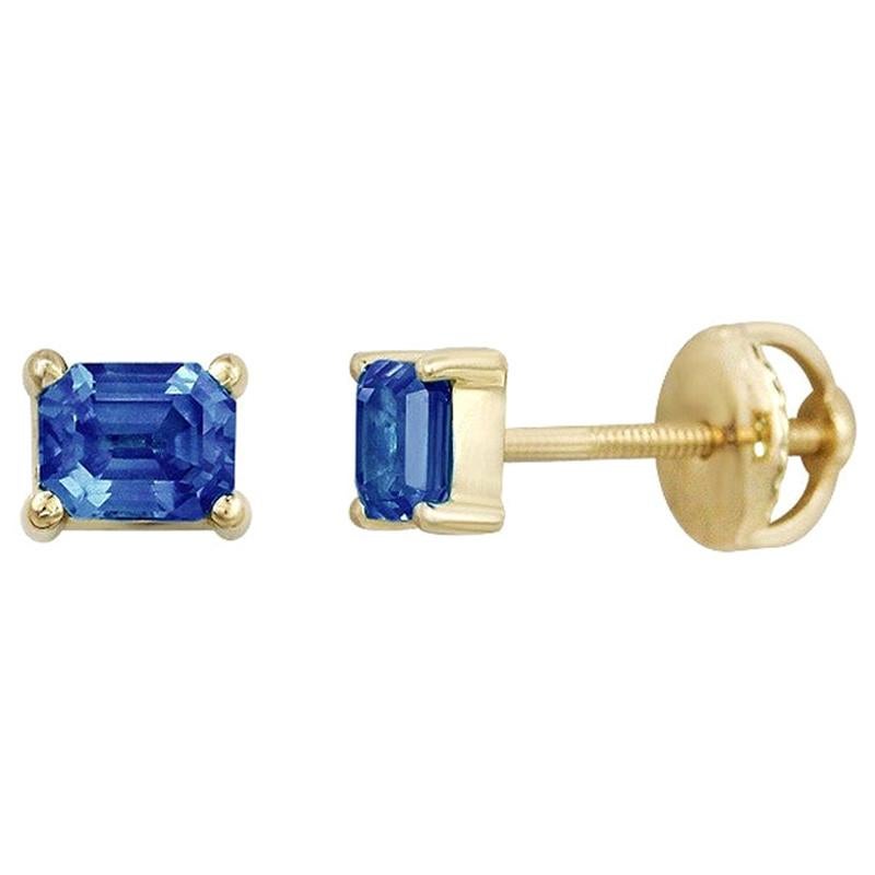 Yellow Gold Blue Sapphire Square Stud Earrings For Sale