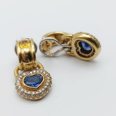 Yellow Gold Blue Sapphire, Yellow Sapphire and Diamond Heart Drop Earrings