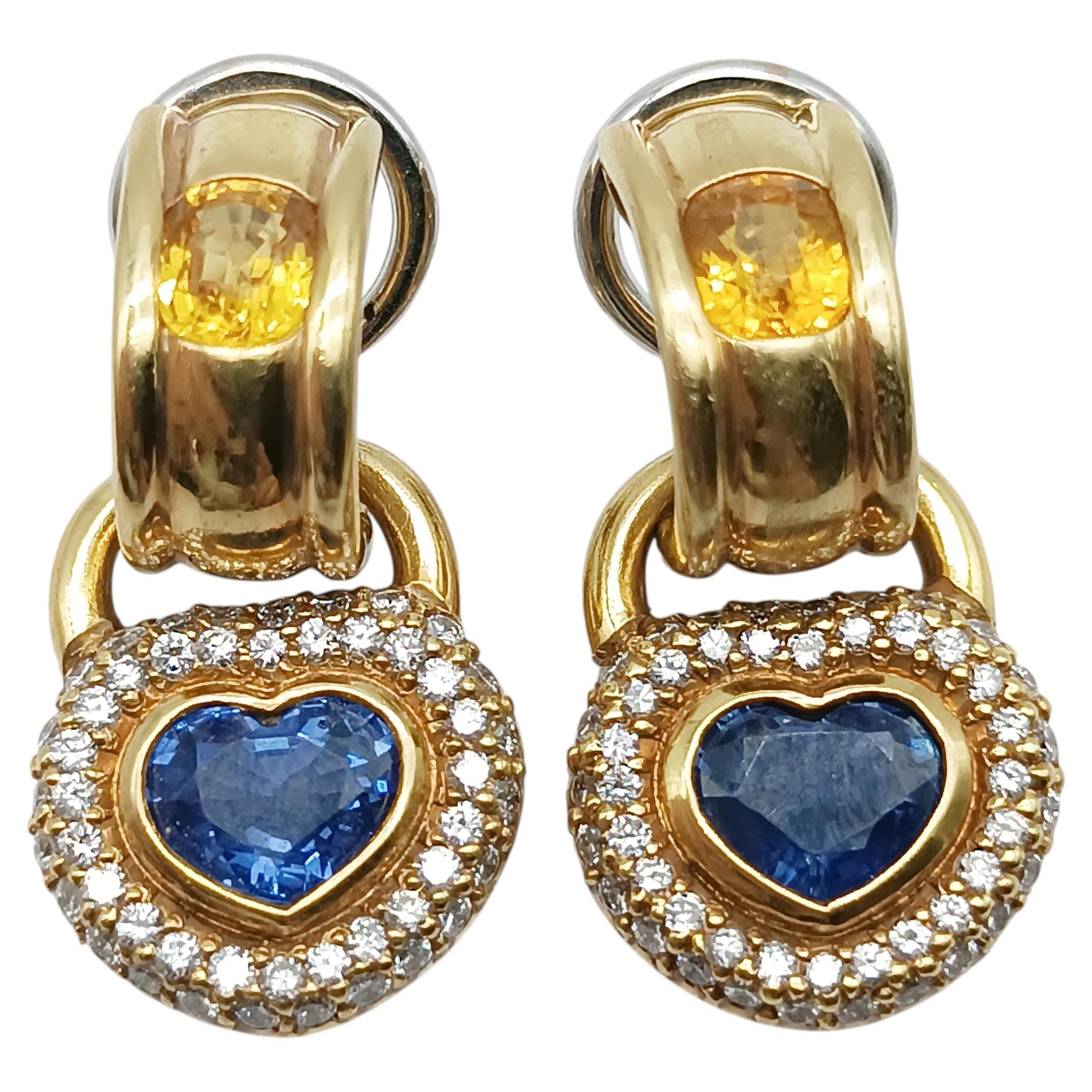 Yellow Gold Blue Sapphire, Yellow Sapphire and Diamond Heart Drop Earrings