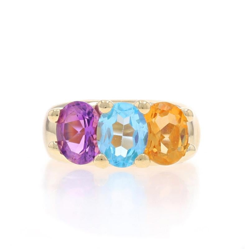 Talla: 8

Contenido de metal: Oro amarillo de 14 quilates

Información sobre Stone

Topacio azul natural
Tratamiento: Rutinariamente mejorado
Quilate(s) 2,50 ct
Talla: Oval

Amatista natural
Quilate(s): 1,75 ct
Talla: Oval
Color: morado

Citrino
