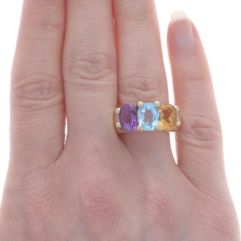 Oro Amarillo Topacio Azul Amatista Citrino Anillo de Tres Piedras - 14k Oval 6.00ctw Sz 8 Corte oval en venta