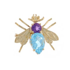 Yellow Gold Blue Topaz Amethyst Insect Brooch 14k Pear 3.90ctw Bug Pin