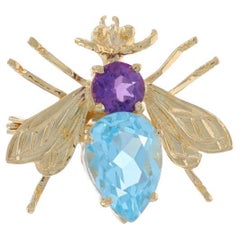 Oro Amarillo Topacio Azul Amatista Insecto Broche 14k Pera 3.90ctw Alfiler Insecto