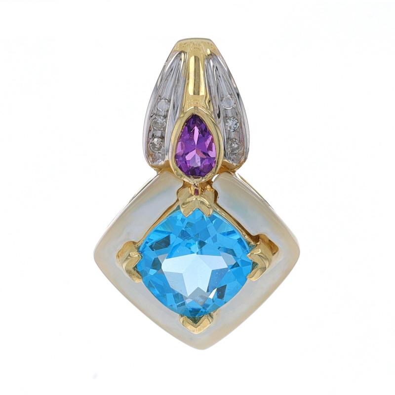 Metal Content: 10k Yellow Gold & 10k White Gold

Stone Information
Natural Blue Topaz
Treatment: Routinely Enhanced
Carat(s): 1.95ct
Cut: Cushion

Natural Amethyst
Carat(s): .20ct
Cut: Pear
Color: Purple

Natural Mother of Pearl
Color: